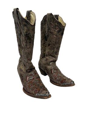 Corral Women's Sz 7 Distressed Leather Western Boots With Embroidered Overlay